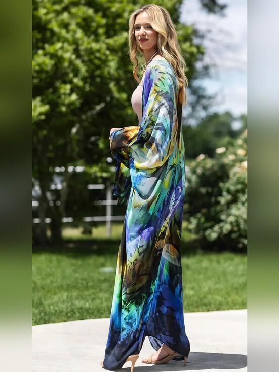 Dresses & Skirts - 1140 Abstract Floral Maxi Kimono Dress - Blue & Green